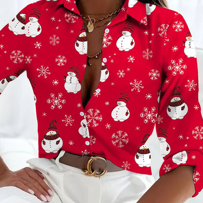 Nina | Cute Christmas Snowman Print Blouse with Long Sleeves