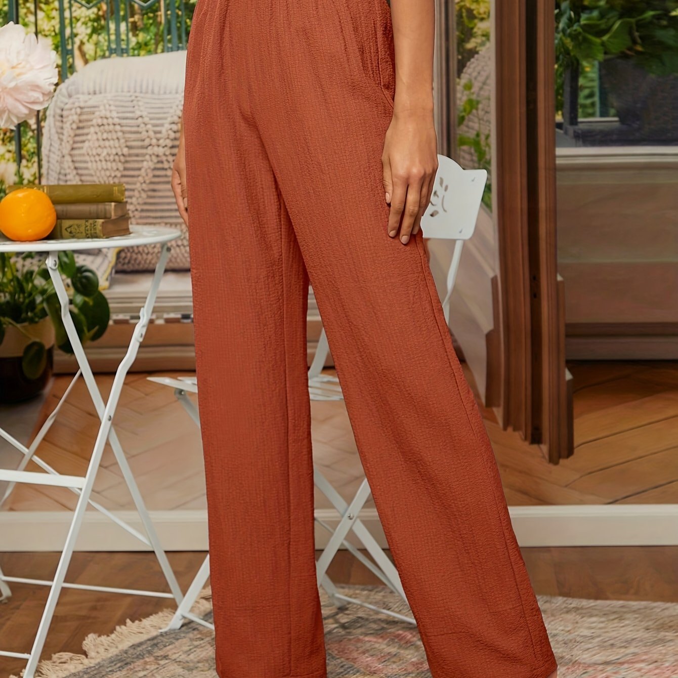 Noa | Plain Textured Trousers with Straight Legs and Elastic Waistband