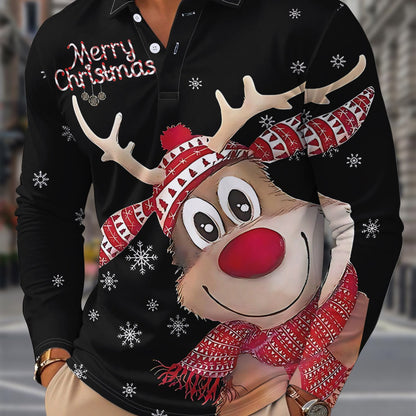 Reindeer | Casual Men's Christmas Shirt with Long Sleeves and Notched Collar
