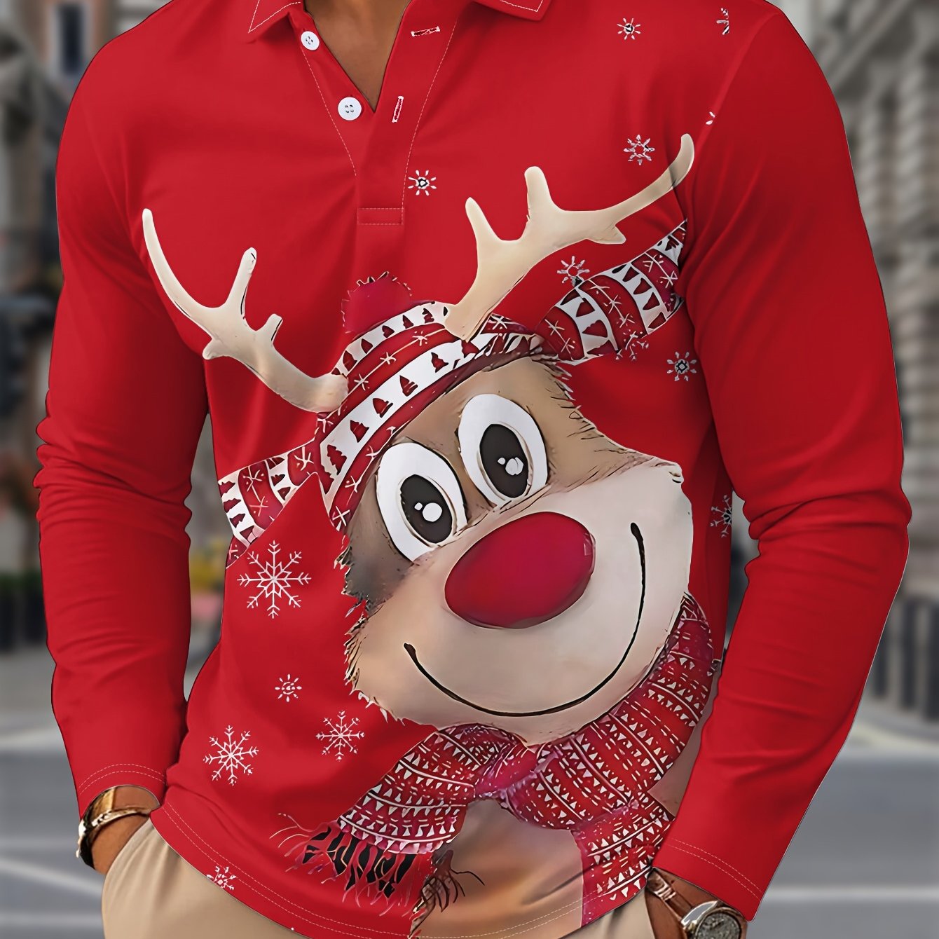 Reindeer | Casual Men's Christmas Shirt with Long Sleeves and Notched Collar