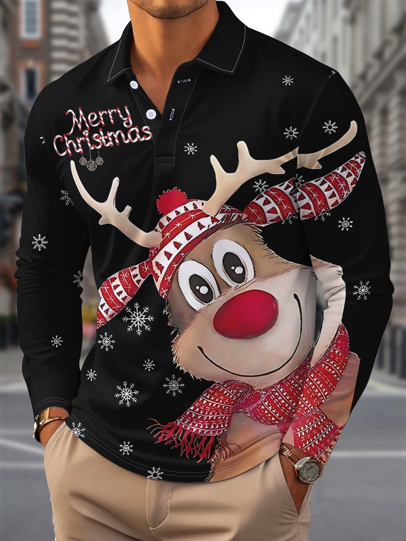 Reindeer | Casual Men's Christmas Shirt with Long Sleeves and Notched Collar