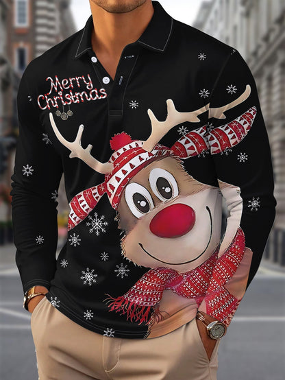 Reindeer | Casual Men's Christmas Shirt with Long Sleeves and Notched Collar