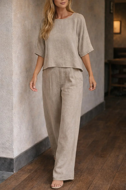 Linen Ladies' Set with Wide Trousers and Short Sleeves