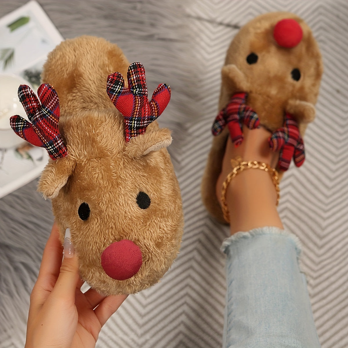 Rudolf | Cosy Christmas Reindeer Plush Slippers for Women