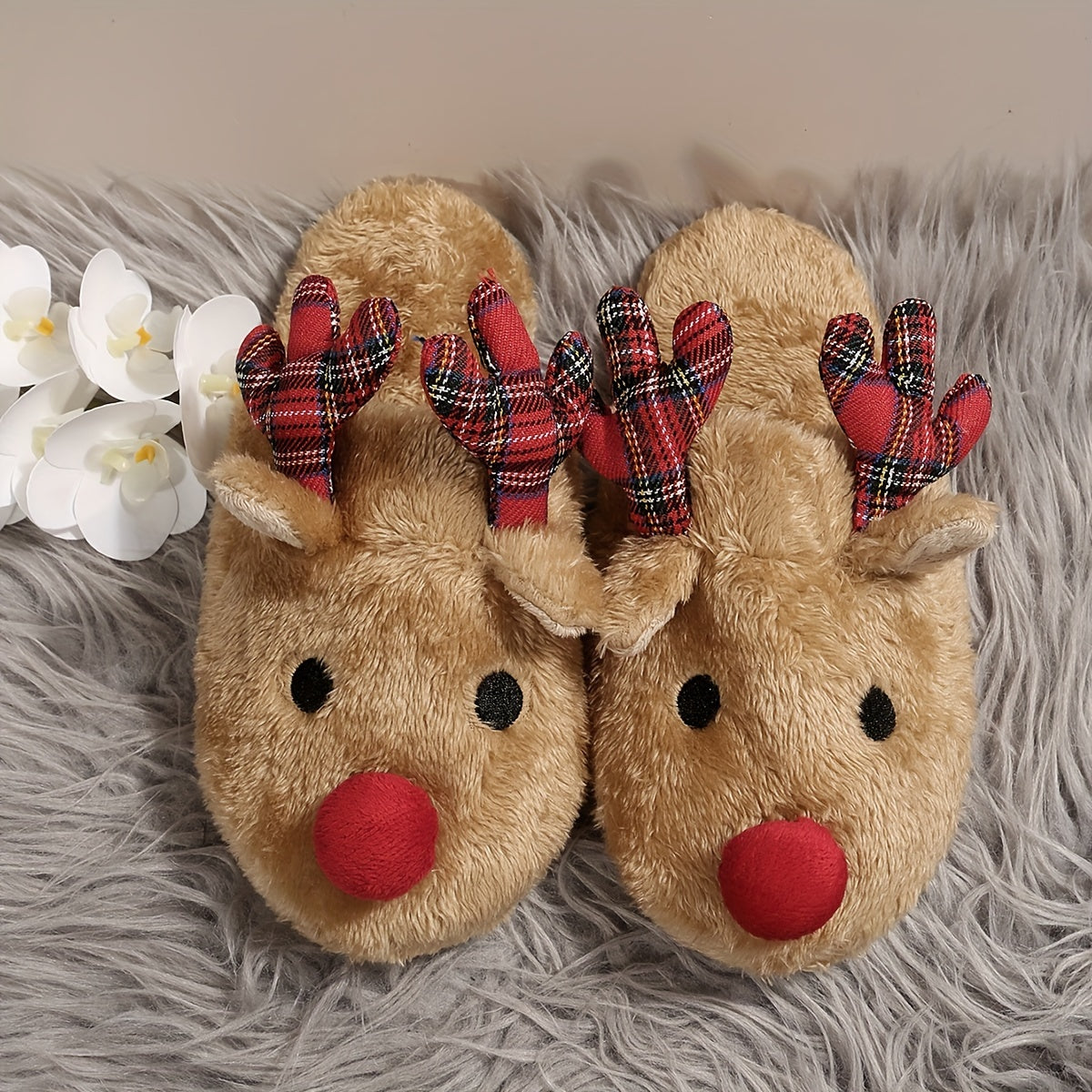 Rudolf | Cosy Christmas Reindeer Plush Slippers for Women