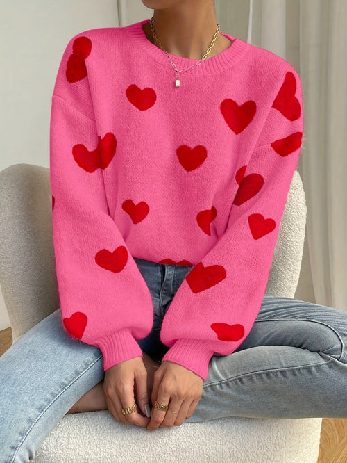 Sara | Pink jumper with red heart pattern and round neck