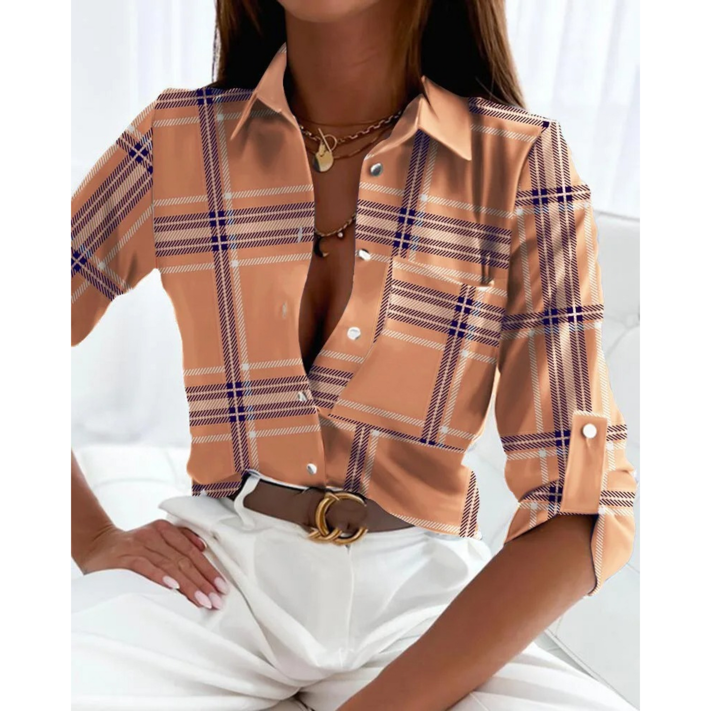 Sofie | Elegant women's blouse in a business style with a lined print