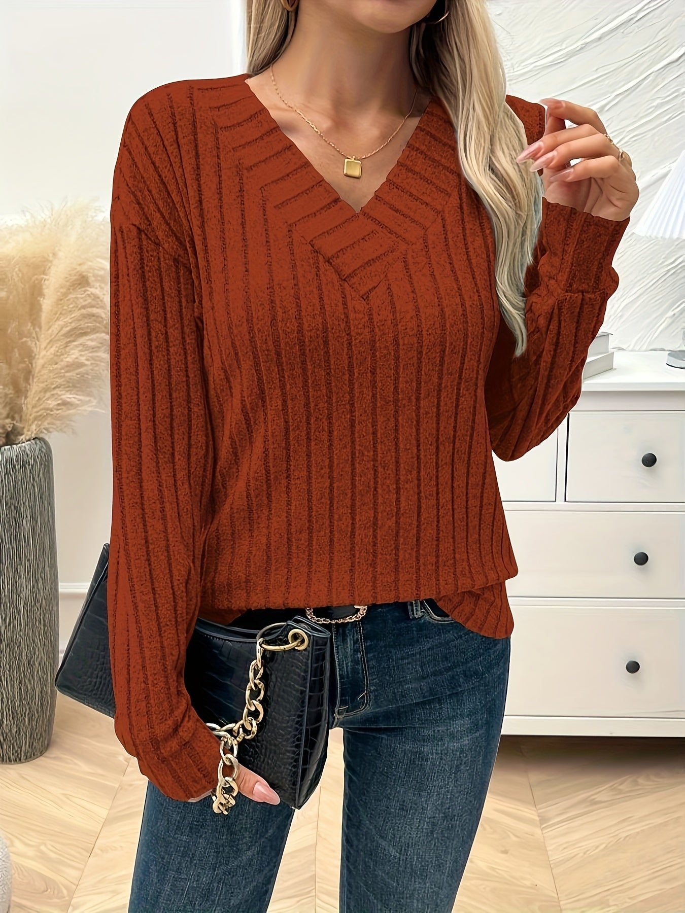 Vera | Plain Colour V-Neck Long Sleeve T-Shirt