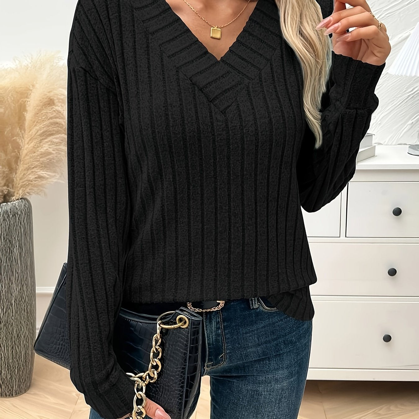 Vera | Plain Colour V-Neck Long Sleeve T-Shirt